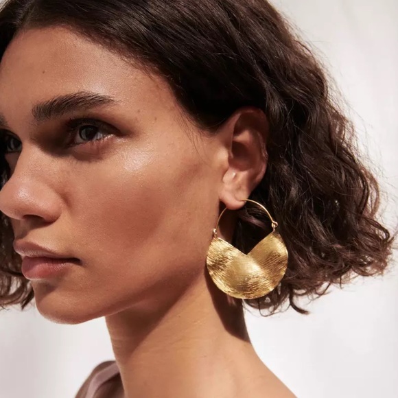 Gold Textured Crescent Hoop Earrings - Picture 3 of 4